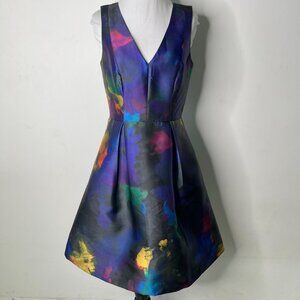 Hutch Women's Purple Blue Watercolor Skater V-Neck Mini Dress Size XS